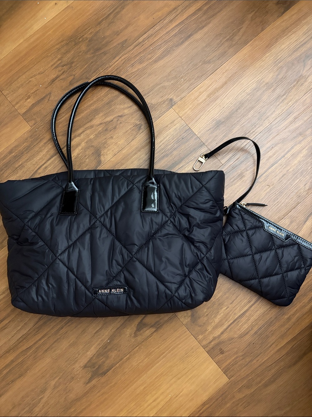 Anne Klein Black Quilted Nylon Tote with Matching Wristlet